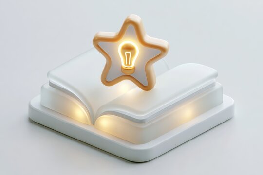 Open book with glowing pages representing knowledge and learning, surmounted by a star containing a bright light bulb for ideas and success