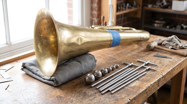 A dented brass instrument bell sits on a repair cradle next to steel dent removal tools in a music workshop.
