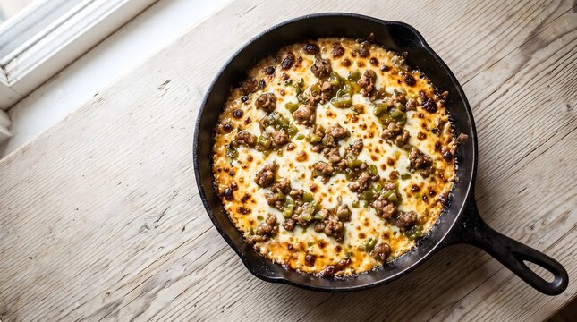 Cast iron skillet of bubbling queso fundido with sausage and green chilies on a wooden counter.