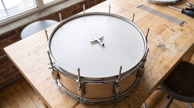 A wooden snare drum shell rests on a workbench during maintenance with a tuning key on the new drum head.