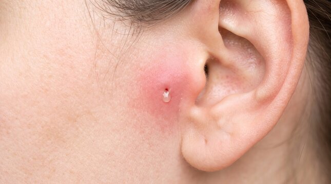 Clinical close-up of an infected preauricular sinus with redness and discharge in front of the human ear.