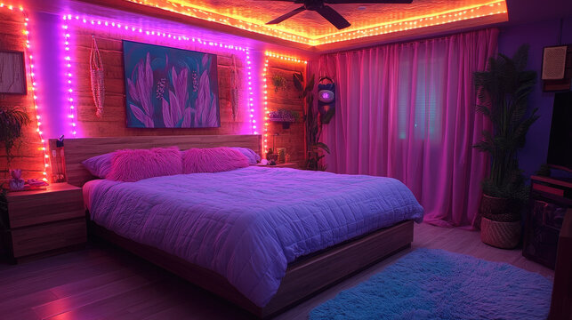 Vibrant Bedroom with Neon LED Lights, Cozy Bed, and Boho Decor