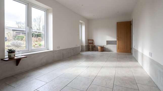 A flood-resilient ground floor room with water-resistant tiled flooring and raised electrical outlets.