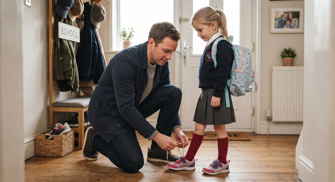 Caring father kneeling down to tie his young daughter school uniform shoes in the hallway at home.