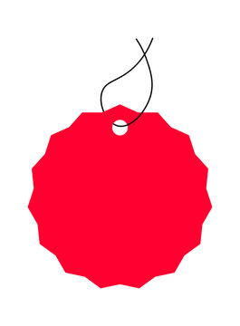 Realistic red hanging price tag with black string isolated on white background. Minimal retail label template perfect for shopping promotions, branding, fashion packaging, product mockups, store