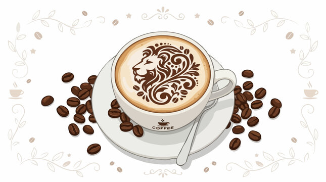 A cup of coffee with latte art in the shape of a lion, surrounded by coffee beans. The background is white with decorative floral elements and coffee cup icons