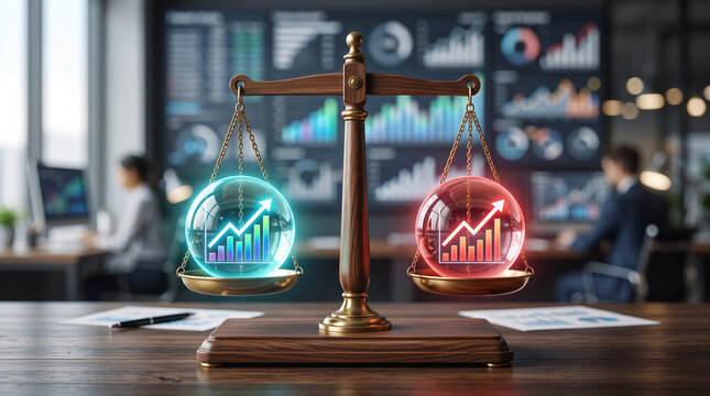 A scale balances glowing spheres with upward bar graphs, representing financial growth and comparison in a business office setting