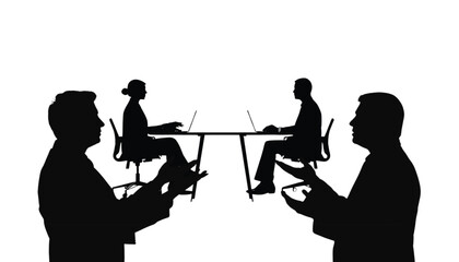 Naklejka premium Business team working in an office environment illustrated with black silhouettes engaged in collaborative corporate meetings and discussions.