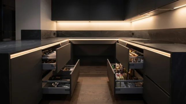 Illuminate modern dark kitchen layout displaying open storage drawers filled with organized culinary supplies
