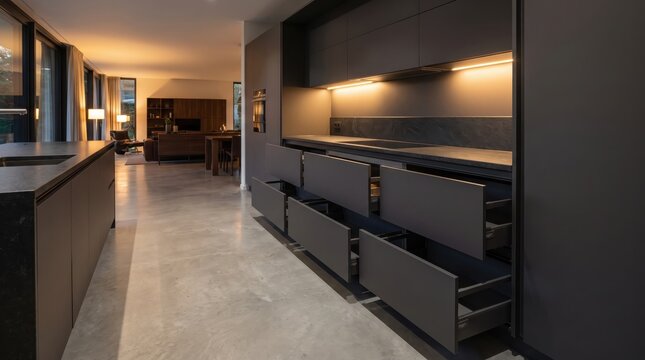 Exhibit spacious dark minimalist kitchen featuring open sliding drawers and bright living area background