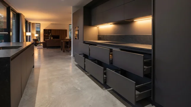 Exhibit spacious dark minimalist kitchen featuring open sliding drawers and bright living area background