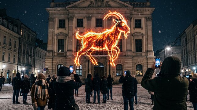 Crowd of people in a snowy European city square holding up smartphones to capture a projection of a fiery goat on a historic building.
