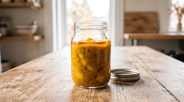 A clear glass jar of golden amba mango condiment sits open on a rustic wooden table in a sunlit kitchen.