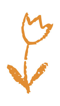 Hand drawn tulip flower with rough orange crayon texture and playful childish style isolated on white background. Creative floral doodle perfect for kids design, spring themes, nursery decor