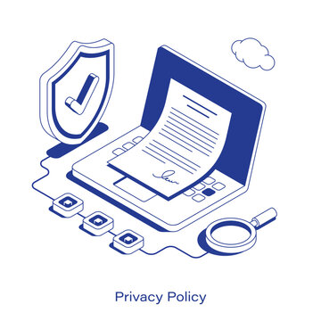 Isometric privacy policy vector illustration. A laptop with a signed document, a checkmark shield, magnifying glass, and network nodes. Clean IT data protection technology layout