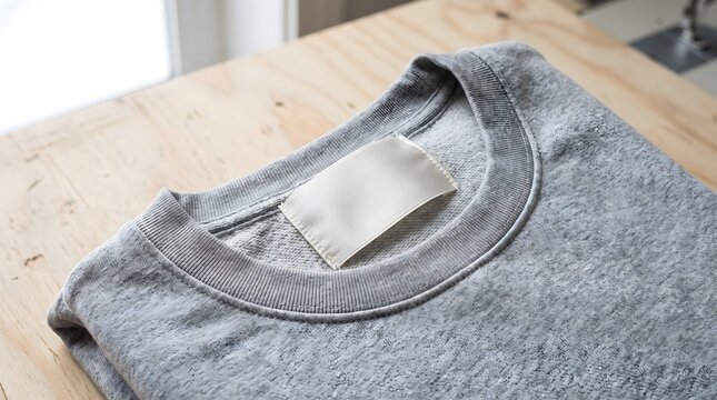 Blank white woven label stitched into the neckline of a folded grey marl sweatshirt on a wooden work surface.