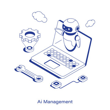 Isometric AI management vector illustration. Robot hovering over a laptop next to a holographic gear, wrench, and network nodes. Clean IT system configuration and maintenance technology layout