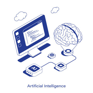 Isometric artificial intelligence vector illustration. A desktop computer displaying code next to a holographic human brain projection, an AI chip, and network nodes. Clean IT technology layout