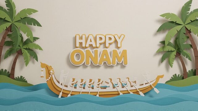 Paper craft style illustration of a traditional snake boat for the Onam festival celebration.