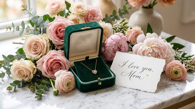 Elegant gold heart necklace in green velvet box surrounded by pastel roses and Mother's Day card.
