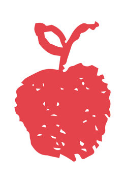 Hand drawn red apple with rough crayon texture and playful childish style isolated on white background. Creative fruit doodle perfect for kids design, healthy food themes, education materials, nursery