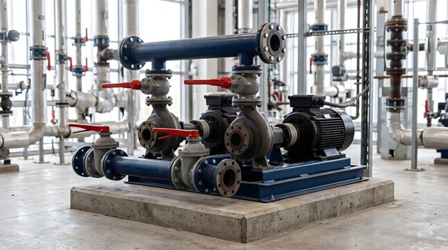 Industrial pump skid with electric motors and red butterfly valves on a concrete base in a district heating plant room.