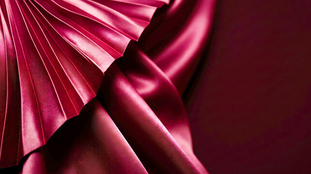 Pleated fabric texture background featuring elegant magenta satin textile with flowing wavy folds and structured geometric pleats captured in soft artistic side lighting professional photography