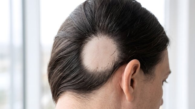 A clinical photograph of a scalp showing a well-defined circular bald patch caused by alopecia areata.