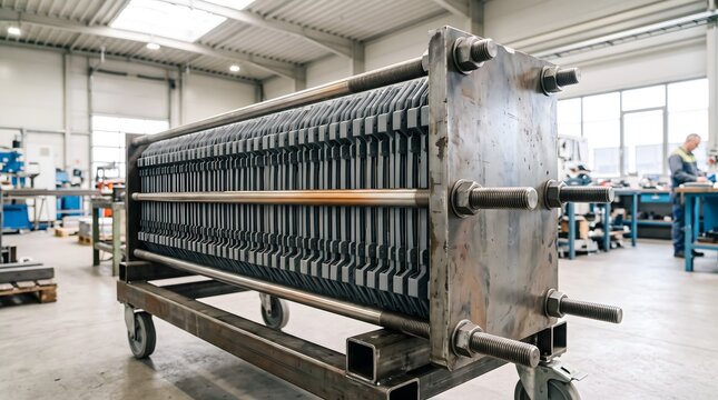 Electrolyser stack for green hydrogen production clamped between steel plates on a trolley in a factory hall.