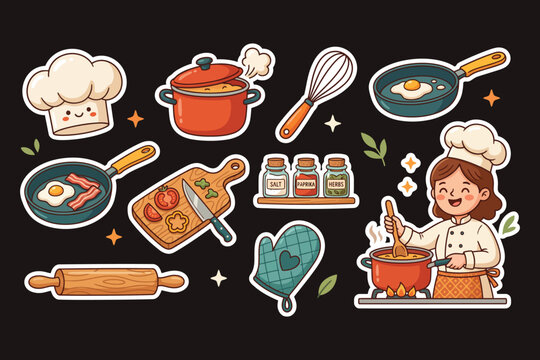 Cute cooking elements chef whisk pots pans rolling pin and ingredients flat illustration for food and recipes.