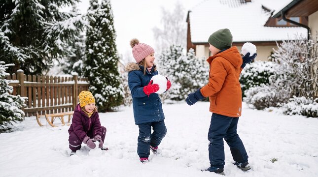 Group of happy children throwing snowballs in a snowy backyard during winter.