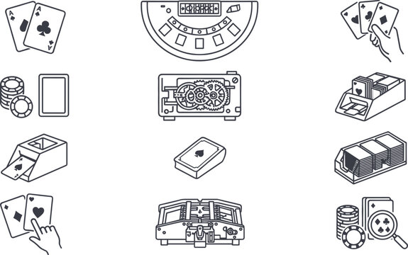 Casino Gambling and Poker Game Icon Set with Playing Cards, Chips, Roulette, Slot Machine, Dice, Betting, Card Dealing, and Gaming Symbols