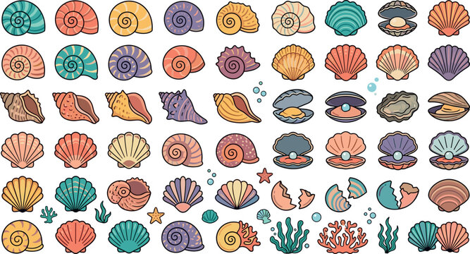 Colorful Tropical Seashell and Ocean Coral Vector Icon Set Featuring Spiral Nautilus Scallop Clams with Shiny Pearls and Marine Ecosystem Sticker Graphics