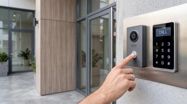 Hand pressing call button on modern video intercom panel outside building.
