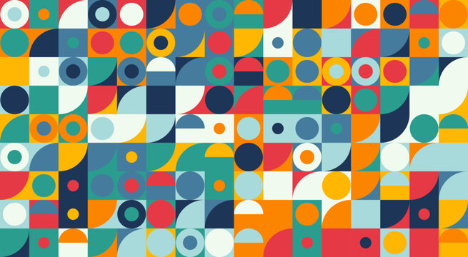 Colorful abstract geometric mosaic pattern with overlapping circles and squares in vibrant pastel tones