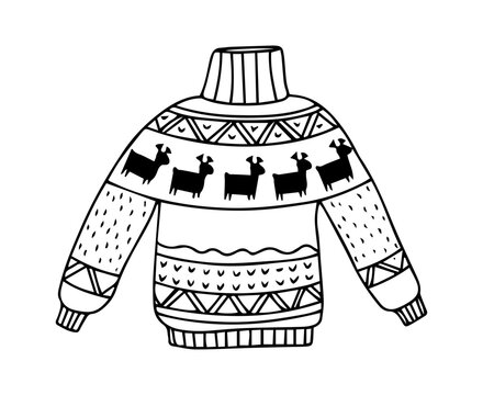 Hand drawn doodle set of ugly Christmas sweaters, pullovers, and jumpers in line art style, perfect for festive clothing design, holiday cards, and coloring books.