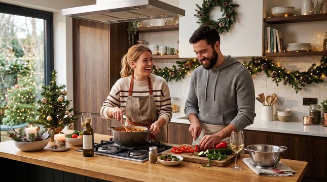 Happy couple cooking together in a cozy, modern kitchen decorated for Christmas with festive lights.