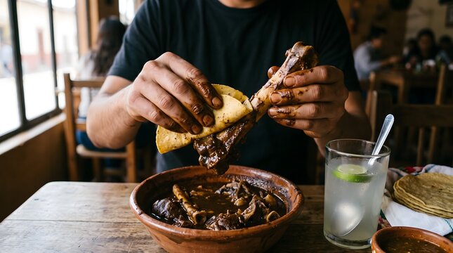 Man eating traditional mole de caderas, using a corn tortilla to hold a cooked goat hip bone.