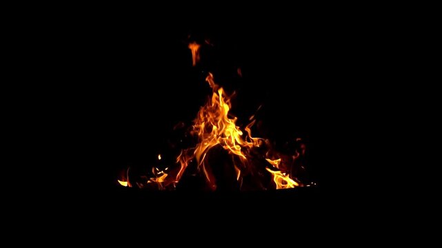 Fire burns brightly.
Flame rises upward.
Embers glow below.
Darkness surrounds fire.