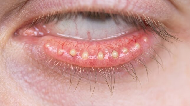 Macro photograph showing meibomian gland dysfunction with capped orifices along the human lower eyelid margin.