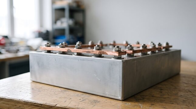 A finished sodium-ion battery module with copper busbars sits on a workshop workbench.