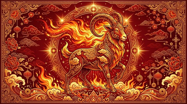 Majestic golden fire goat zodiac symbol surrounded by flames and traditional ornaments for Chinese New Year background.