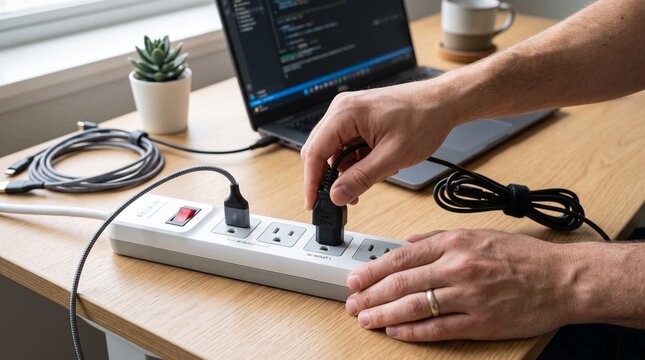Man plugging a power cord into a white surge protector on a wooden office desk.