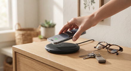 Fototapeta premium Person placing smartphone on wireless charging pad on wooden desk with glasses and keys.