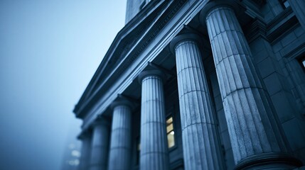 Fototapeta premium Low angle view of classical building columns against blue sky