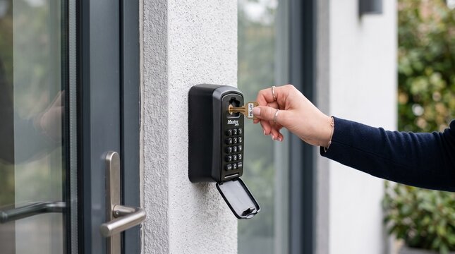 Person opening a black key safe box mounted on a white wall next to a modern gray entrance door.