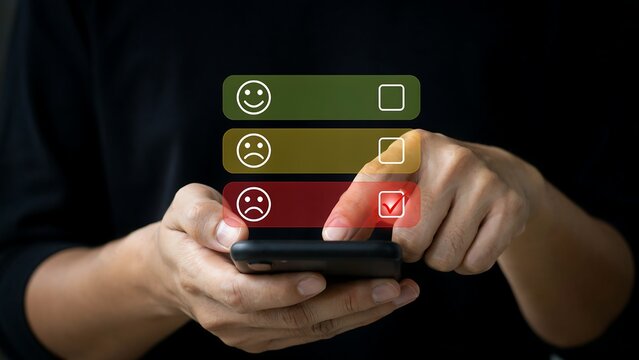 A close-up shot of a person's hands holding a smartphone, interacting with a survey interface that displays three emoticons representing customer satisfaction levels.