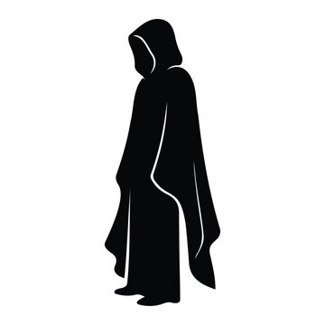 Mysterious cloaked figure silhouette wearing hooded robe standing in profile vector artwork.
