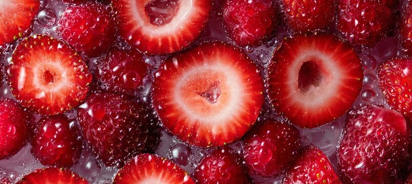 Vibrant Fresh Sliced Strawberries Texture with Water Droplets on a Colorful Background for Design