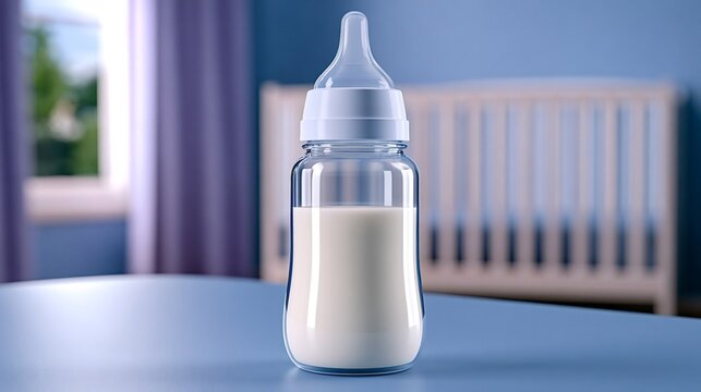 Baby bottle filled with milk standing on a blue table in a soft focused nursery room, showing a crib in the background